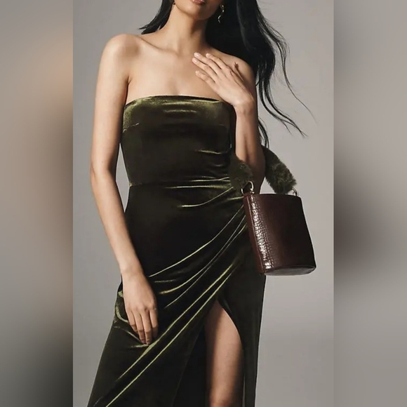 Anthropology  BHLDN  Olive Green Strapless Dress | Size XS - Picture 2 of 11